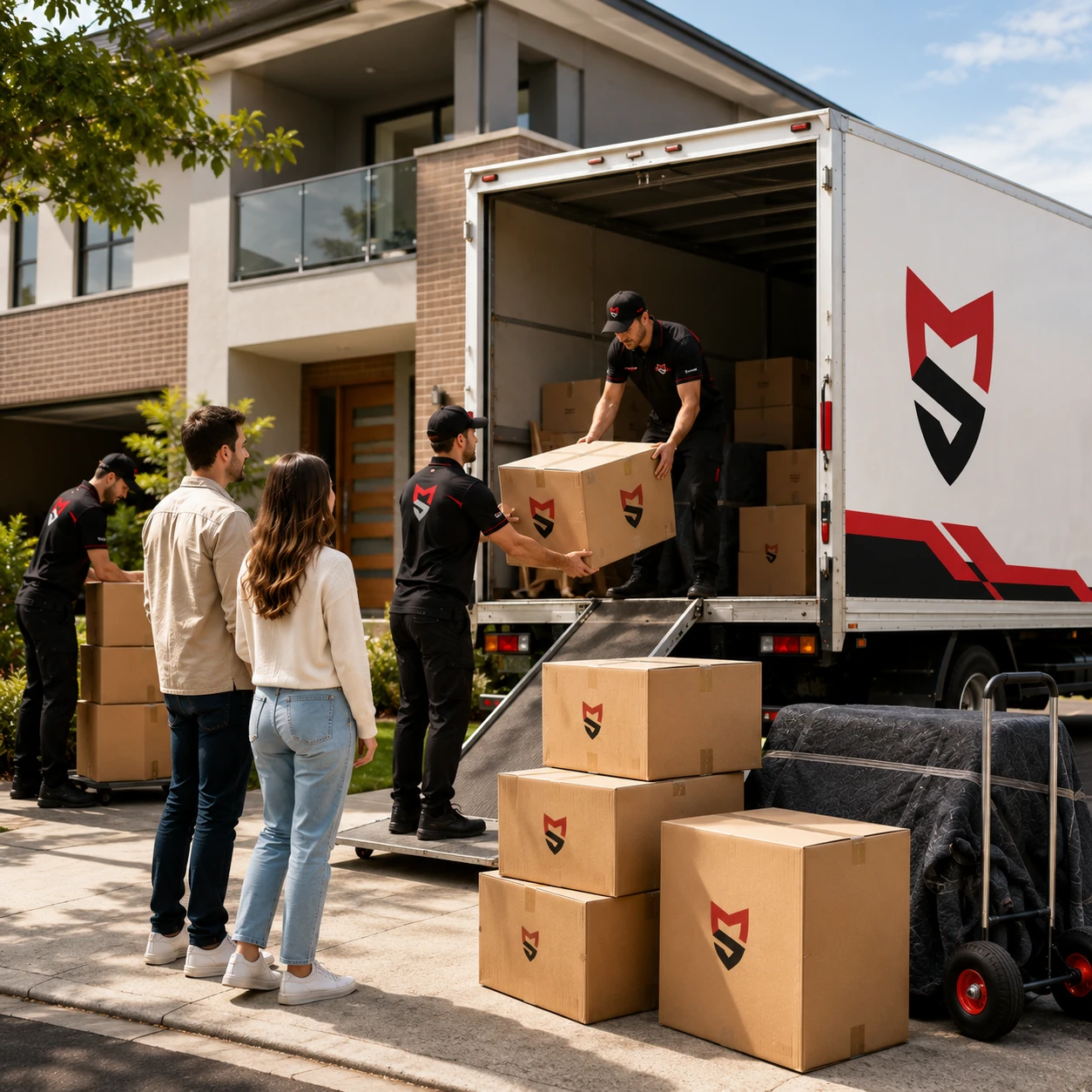 Removalists loading furniture into an MS Express truck